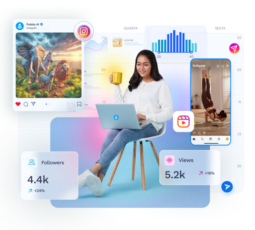 Gestão de Redes Sociais para Programar Posts no Instagram e Agendar Stories para Social Media Pubbly Programar Posts no Instagram e Agendar Stories Usando IA